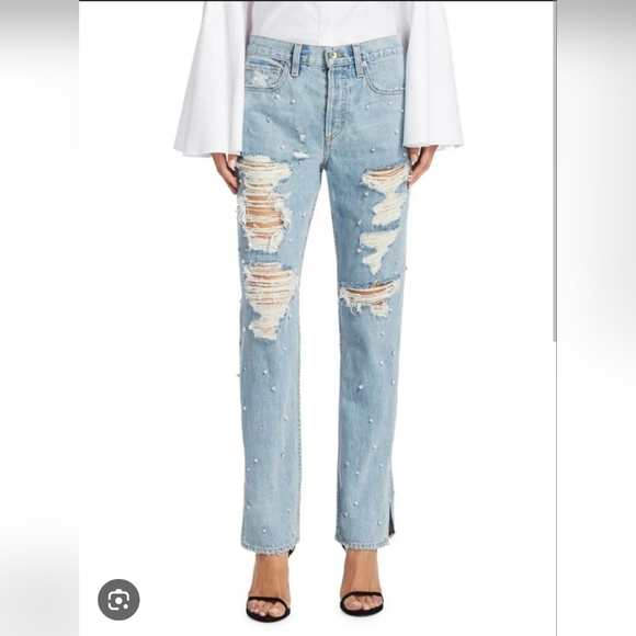 Jonathan Simkhai Denim - Jonathan Simkhai Pearl-Embellished Boyfriend Jeans Size 29